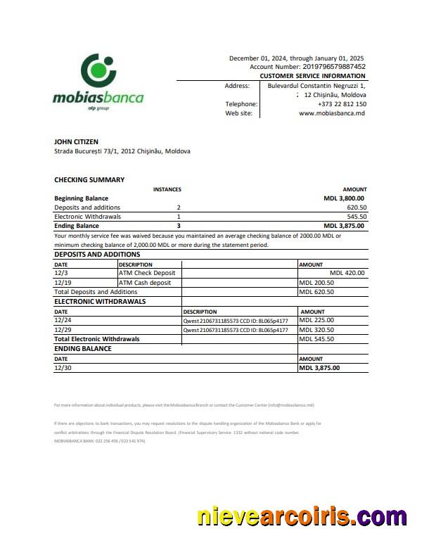 Moldova Mobiasbanca statement Word and PDF example